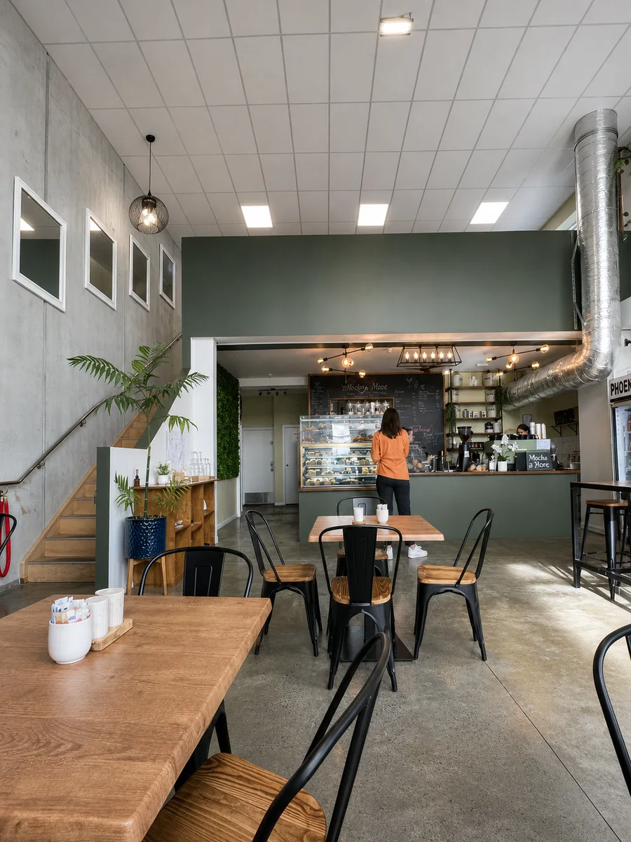 The bright Mocha n More café interior with tables and counter