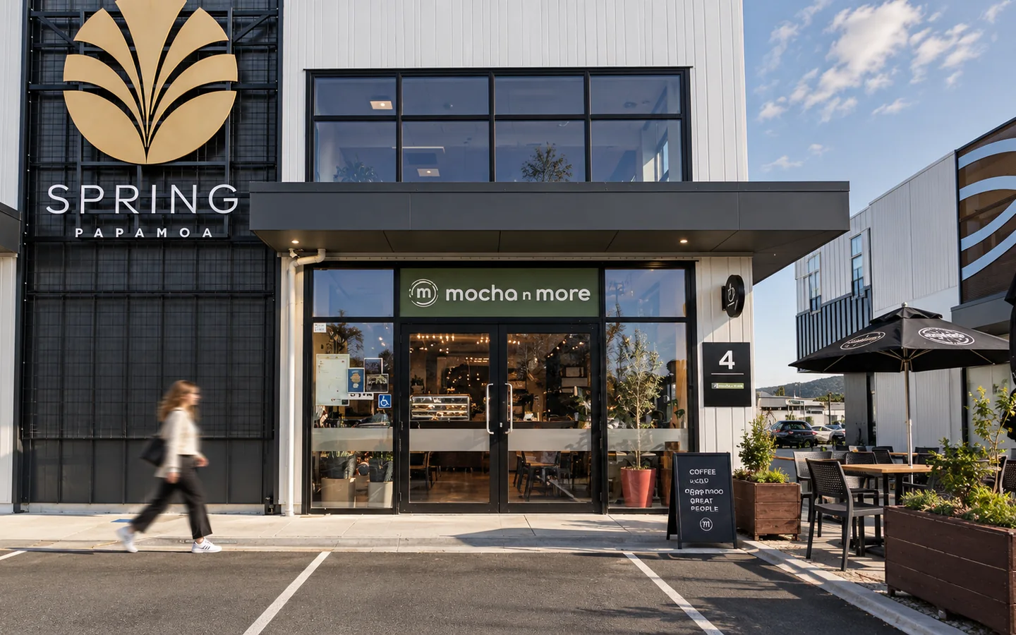 The Mocha n More storefront and outdoor seating at 4 Toorea Street