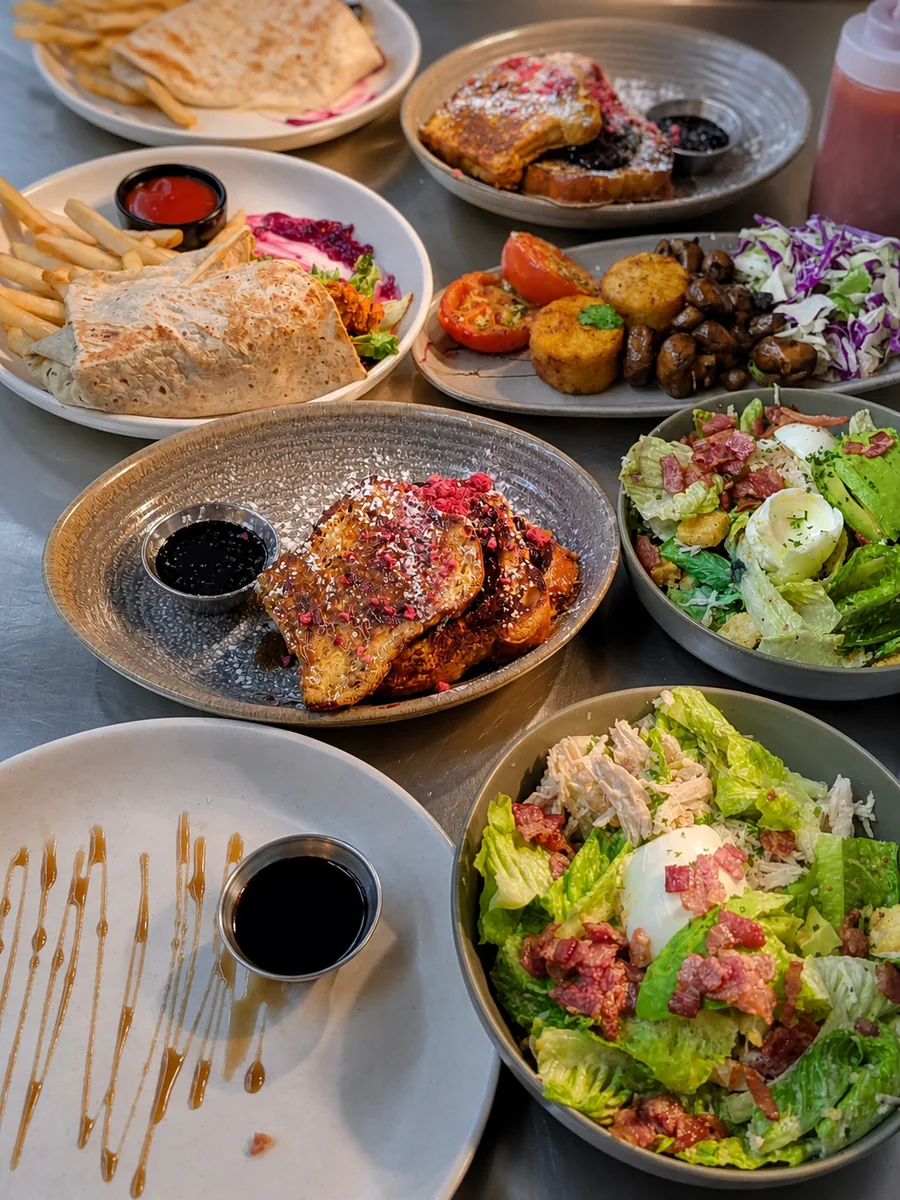 A spread of breakfast and brunch plates at Mocha n More